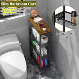 Utility Slim Storage Cart, 4 Tier Small Rolling Kitchen Laundry Room Cart with Wood Top, Metal Narrow Bathroom Storage Cabinet Mobile Shelf Unit Organizer Trolley with Handle for Narrow Space
